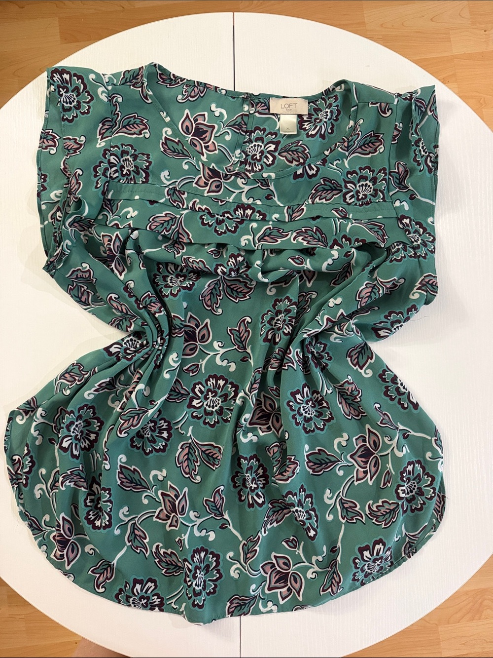 LOFT Teal Floral Flutter-Sleeve Blouse